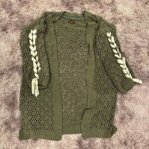 Chunky Olive Green Cardigan with Cream Ribbon Sleeves